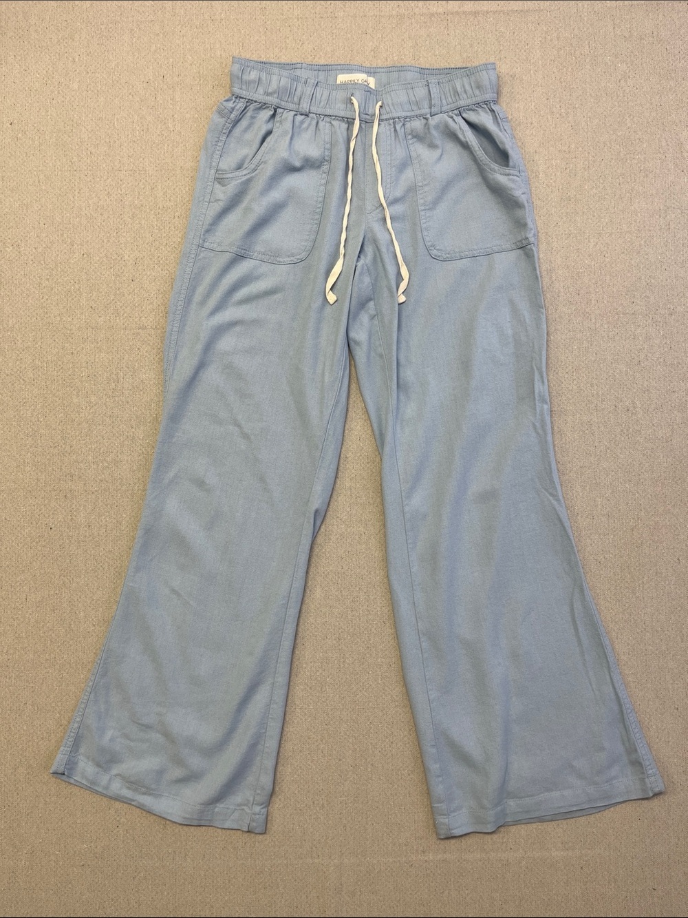 Happily Grey Linen Blend Wide Leg Drawstring Pants Blue Size Small Pockets
